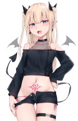 Rule 34 | 1girl, :d, bad id, bad pixiv id, bare shoulders, black ribbon, black shirt, black shorts, blonde hair, blue eyes, blush, clothes pull, commentary request, covered collarbone, crop top, demon girl, demon tail, demon wings, detached wings, earrings, fangs, groin, hair ribbon, hand on own hip, heart, heart tattoo, highres, indie virtual youtuber, jewelry, kanju, long hair, long sleeves, looking at viewer, mole, mole under eye, navel, off-shoulder shirt, off shoulder, open clothes, open fly, open mouth, open shorts, original, panties, pink panties, pointy ears, pubic tattoo, pulling own clothes, ribbon, see-through, shinomiya anri, shirt, short shorts, shorts, shorts pull, side-tie panties, simple background, sleeves past wrists, smile, solo, tail, tattoo, thigh gap, two side up, underwear, very long hair, virtual youtuber, white background, wings