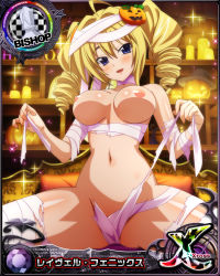 Rule 34 | blonde hair, blue eyes, breasts, breasts out, card (medium), high school dxd, highres, jack-o&#039;-lantern, large breasts, mummy costume, nipples, nude filter, ravel phenex, third-party edit, topless, torn clothes