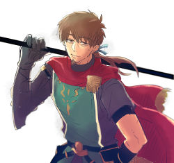 Rule 34 | 1boy, armor, beard, belt, brown hair, cape, fate/grand order, fate (series), gauntlets, grey eyes, hector (fate), long hair, ponytail, spear, weapon