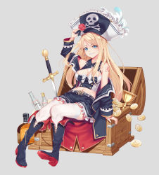 Rule 34 | 1girl, absurdres, aoi (buzhuen444), blonde hair, blue eyes, boots, breasts, cleavage, cleavage cutout, clothing cutout, earrings, frilled skirt, frills, gold, grey background, hat, highres, jacket, jewelry, long hair, looking at viewer, medium breasts, midriff, navel, off shoulder, open clothes, open jacket, original, parted bangs, pirate, sitting, skirt, sleeveless, smile, sword, tattoo, thighhighs, treasure chest, weapon, white thighhighs