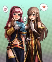 Rule 34 | 00s, 2girls, ?, blue eyes, blue nails, blush, bow (bhp), brown hair, crossover, hair over one eye, heart, highres, long hair, look-alike, megurine luka, midriff, mieu (tales), multiple girls, nail polish, navel, open mouth, pink hair, tales of (series), tales of the abyss, tear grants, thighhighs, vocaloid, wavy mouth
