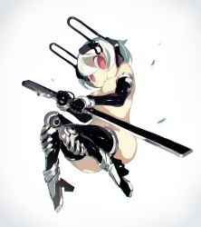 Rule 34 | 1girl, armored boots, black gloves, black thighhighs, boots, bracer, breasts, brown eyes, commentary request, convenient leg, elbow gloves, full body, gloves, hair between eyes, headgear, high heel boots, high heels, highres, holding, holding sword, holding weapon, looking at viewer, medium breasts, no nose, no pupils, nude, original, plantar flexion, sakamoto ahiru, shiny clothes, short hair, simple background, smile, solo, sword, thigh boots, thighhighs, weapon, white background, white hair