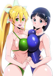 Rule 34 | 2girls, absurdres, bikini, blonde hair, blue eyes, blue one-piece swimsuit, breast press, breasts, closed mouth, dual persona, fingernails, green bikini, hair between eyes, hair ornament, hairclip, highres, holding hands, interlocked fingers, island (kossori), kirigaya suguha, large breasts, leafa, long hair, looking at viewer, multiple girls, one-piece swimsuit, open mouth, pointy ears, ponytail, short hair, simple background, smile, swimsuit, sword art online, symmetrical docking, white background