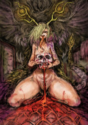 Rule 34 | 1girl, 2b-ge, blood, completely nude, drawing (object), female focus, green hair, half-closed eyes, highres, holding, holding skull, horns, kicchou yachie, kneeling, long tongue, nude, open mouth, pointy ears, red eyes, sharp teeth, skull, smile, solo, spread legs, teeth, thick thighs, thighs, tongue, tongue out, touhou