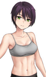 Rule 34 | 1girl, abs, bare shoulders, bike shorts, breasts, brown hair, closed mouth, collarbone, commentary request, cowboy shot, green eyes, grey sports bra, hair between eyes, hashi, looking at viewer, medium breasts, midriff, navel, original, short hair, sidelocks, simple background, skindentation, smile, solo, sports bra, standing, tomboy, white background