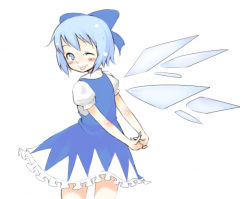 Rule 34 | 1girl, :p, ;p, bad id, bad pixiv id, blue hair, bow, cirno, female focus, one eye closed, oza watto, short hair, smile, solo, embodiment of scarlet devil, tongue, tongue out, touhou, wings, wink
