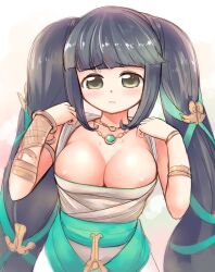 Rule 34 | 1girl, areola slip, black hair, blue gemstone, blue ribbon, blue sash, blunt bangs, blush, breasts, character request, cleavage, commentary request, cowboy shot, dress, emurin, gem, green eyes, hair ribbon, jewelry, large breasts, long hair, looking at viewer, necklace, parted lips, ribbon, sash, sleeveless, sleeveless dress, solo, tree of savior, twintails, very long hair, white dress
