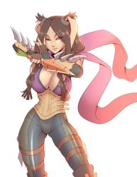 Rule 34 | 1girl, breasts, brown hair, carrot, cleru (cleruuuuu), fingerless gloves, fire emblem, fire emblem awakening, gloves, gluteal fold, knife, large breasts, long hair, looking at viewer, nintendo, panne (fire emblem), pants, rabbit girl, red eyes, scarf, solo, twintails, weapon