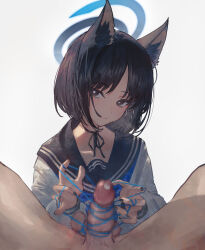 Rule 34 | 1boy, 1girl, absurdres, animal ears, betabeet, black eyes, black hair, black nails, black sailor collar, blue archive, blue halo, blue neckerchief, cat&#039;s cradle, cat ears, censored, fingernails, halo, highres, kikyou (blue archive), long sleeves, looking at viewer, mosaic censoring, nail polish, neckerchief, open clothes, penis, pov, pov crotch, sailor collar, short hair, simple background, upper body, white background