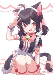 Rule 34 | 1girl, :d, absurdres, ahoge, animal ears, bell, black hair, cat ears, cat girl, cat tail, center frills, commentary, commission, english commentary, fang, frills, hair between eyes, hair ornament, hairclip, highres, jingle bell, klaius, looking at viewer, maid, maid headdress, medium hair, neck bell, open mouth, original, pink ribbon, pixiv commission, red eyes, ribbon, simple background, sitting, skin fang, smile, solo, tail, tail ornament, tail ribbon, white background
