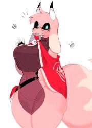 Rule 34 | 1girl, animal ears, bare hips, belt, black sclera, blue eyes, blush, breasts, claws, colored sclera, commission, cropped sweater, demon horns, dog, dog ears, dog girl, dog tail, furry, furry female, highres, horns, large breasts, looking at viewer, midriff, navel, original, pink fur, pink hair, purple fur, sharp teeth, short hair, smile, snout, tail, teeth, thick thighs, thighs, usa37107692, wide hips