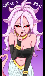 Rule 34 | 1girl, android 21, bare shoulders, black sclera, black sleeves, black tube top, bracelet, breasts, character name, colored sclera, colored skin, detached sleeves, dragon ball, dragon ball fighterz, earrings, finger to tongue, hair between eyes, harem pants, heart, heart tail, hoop earrings, jewelry, koyukiyasu, large breasts, long hair, looking at viewer, majin android 21, midriff, nail polish, navel, pants, pillarboxed, pink skin, pointy ears, purple hair, red eyes, solo, strapless, tail, tongue, tongue out, tube top, tube top, white pants