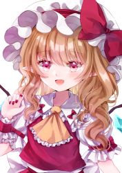 Rule 34 | 1girl, ascot, blonde hair, bow, collar, collared shirt, crystal, eyes visible through hair, fang, flandre scarlet, frills, hair between eyes, hand up, hat, hat bow, heart, heart-shaped pupils, jaku sono, jewelry, looking away, medium hair, mob cap, nail polish, one side up, open mouth, pink eyes, puffy short sleeves, puffy sleeves, red bow, red nails, red skirt, red vest, shirt, short sleeves, simple background, skirt, smile, solo, symbol-shaped pupils, tongue, touhou, vest, white background, white bow, white hat, white shirt, white sleeves, wings, wrist cuffs, yellow ascot