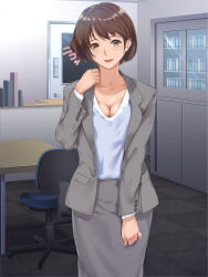 Rule 34 | 1girl, breasts, brown eyes, brown hair, chair, checkered floor, cleavage, clenched hands, collarbone, cowboy shot, door, formal, grey skirt, highres, indoors, large breasts, long skirt, long sleeves, looking at viewer, matching hair/eyes, office, office lady, open suit, original, parted lips, shinjin ol seikyouiku: mukatsuku douryou no kanojo wo netoru, short hair, skirt, smile, solo, sound effects, standing, suit, table, unbuttoned, yodakapan
