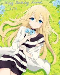 Rule 34 | 1girl, blonde hair, blue eyes, blue flower, breasts, character name, choker, cricriz, dated, dress, flower, from above, grass, hand on own chest, happy birthday, holding, holding flower, jacket, long hair, lying, off-shoulder jacket, off shoulder, on back, on grass, on ground, rachel gardner, satsuriku no tenshi, small breasts, smile, solo, striped clothes, striped dress