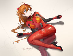Rule 34 | 1girl, absurdres, artist request, ass, blue eyes, bodysuit, breasts, brown hair, curvy, evangelion: 3.0 you can (not) redo, hair ornament, highres, lips, long hair, long sleeves, looking at viewer, lying, neon genesis evangelion, plugsuit, rebuild of evangelion, red bodysuit, simple background, solo, souryuu asuka langley, two side up, very long hair, wide hips, zoooyt