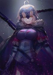 Rule 34 | 1girl, ahoge, armor, bad id, bad twitter id, black thighhighs, blonde hair, blush, breasts, cape, chain, cleavage, fate/apocrypha, fate/grand order, fate (series), forehead protector, framed breasts, fur trim, hanato (seonoaiko), headpiece, highres, holding, holding pole, holding sword, holding weapon, jeanne d&#039;arc (fate), jeanne d&#039;arc alter (avenger) (fate), jeanne d&#039;arc alter (fate), large breasts, light particles, long hair, looking at viewer, medium breasts, open mouth, pole, short hair, silver hair, smile, solo, sword, thighhighs, weapon, yellow eyes