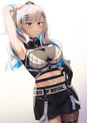Rule 34 | 1girl, absurdres, aqua eyes, arm up, armpits, blue hair, blush, braid, breasts, chest belt, colored inner hair, crop top, earrings, fishnets, fiyaa (pakkoshii), french braid, gloves, grey hair, hair ornament, hairclip, highres, hololive, hololive indonesia, jewelry, large breasts, looking at viewer, midriff, multicolored hair, navel, official alternate costume, pantyhose, pantyhose under shorts, pavolia reine, pavolia reine (streetwear), presenting armpit, shorts, simple background, sleeveless, solo, virtual youtuber