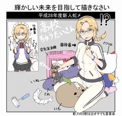 Rule 34 | 1girl, arrow (symbol), blonde hair, braid, breasts, brown eyes, closed mouth, dog, double v, frown, glasses, gloves, hair ornament, hairclip, hello kitty, highres, ina (gokihoihoi), looking at viewer, medium hair, mole, mole under mouth, multiple views, necktie, original, pink legwear, red neckwear, sanrio, seiza, short braid, sitting, small breasts, socks, striped clothes, striped legwear, striped socks, translation request, v, white gloves, white legwear