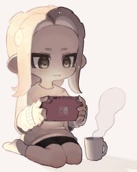 Rule 34 | 1girl, :3, bike shorts, brown eyes, closed mouth, commentary request, cup, dot nose, full body, grey hair, handheld game console, holding, holding handheld game console, medium hair, mt38lg, nintendo, nintendo switch, octoling, octoling girl, octoling player character, seiza, shirt, simple background, sitting, socks, solo, splatoon (series), steam, tentacle hair, white background, white shirt, white socks