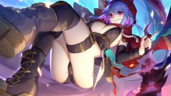 Rule 34 | 1girl, ass, black legwear, blue hair, blush, boots, breasts, cleavage, detached sleeves, hair between eyes, highres, holding, holding weapon, large breasts, looking at viewer, multicolored hair, parted lips, pink eyes, pink hair, rekaerb maerd, short hair, sideboob, smile, solo, thigh strap, two-tone hair, weapon