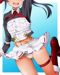 Rule 34 | 1girl, black hair, blue background, boots, clothes lift, crop top, dr rex, head out of frame, knee boots, leg strap, long hair, midriff, muguruma miyako, navel, open mouth, panties, pleated skirt, ponytail, red footwear, senyoku no sigrdrifa, shirt, skirt, skirt lift, smile, solo, standing, standing on one leg, teeth, two-tone background, underwear, upper teeth only, white background, white panties, white shirt, white skirt