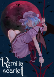 Rule 34 | 1girl, 96tuki, absurdres, ascot, bat (animal), bat wings, blue hair, bow, character name, dress, eyes visible through hair, fetal position, frilled shirt, frilled shirt collar, frilled sleeves, frills, full moon, hat, hat ribbon, highres, holding, holding polearm, holding spear, holding weapon, looking at viewer, looking back, mob cap, moon, night, pink dress, polearm, puffy short sleeves, puffy sleeves, red bow, red eyes, red moon, red ribbon, remilia scarlet, ribbon, ribbon trim, sash, shirt, short hair, short sleeves, spear, spear the gungnir, tongue, tongue out, touhou, weapon, wings, wrist cuffs