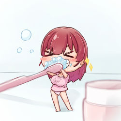 Rule 34 | &gt; &lt;, berotore, blurry, blush stickers, breasts, brushing teeth, bubble, clenched teeth, closed eyes, depth of field, foam, hair down, highres, holding, holding toothbrush, hololive, houshou marine, large breasts, mini person, minigirl, no pants, panties, pink shirt, shirt, t-shirt, teeth, toothbrush, underwear, v-shaped eyebrows, virtual youtuber