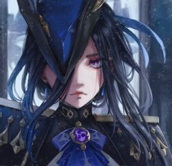 Rule 34 | 1girl, ascot, blue ascot, blue hair, blue hat, clorinde (genshin impact), closed mouth, dangle earrings, dark blue hair, earrings, epaulettes, genshin impact, hair between eyes, hat, hat over one eye, jewelry, looking at viewer, low ponytail, luxearte, purple ascot, purple eyes, solo, tricorne, upper body, vision (genshin impact)