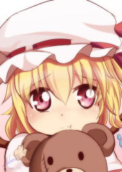 Rule 34 | 1girl, :t, absurdres, blonde hair, dated, flandre scarlet, hat, hat ribbon, highres, looking at viewer, mob cap, pink eyes, portrait, pout, ribbon, signature, solo, stuffed animal, stuffed toy, teddy bear, touhou, upper body, yasume yukito