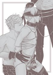 Rule 34 | 3boys, 9s (nier:automata), adam (nier:automata), anal, arms behind back, bdsm, blindfold, blush, bondage, bound, collar, double penetration, drooling, eve (nier:automata), fellatio, gloves, grabbing another&#039;s hair, greyscale, group sex, highres, leash, male focus, male penetrated, monochrome, multiple boys, nier, nier:automata, nier (series), oral, reach-around, restrained, rope, saliva, sex, short hair, silver hair, slave, spitroast, testicles, topless male, yaoi