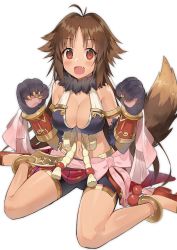 Rule 34 | 1girl, absurdres, animal hands, bike shorts, blush, breasts, brown eyes, cleavage, commentary request, dark-skinned female, dark skin, dog tail, gauntlets, highres, kaori (princess connect!), large breasts, long hair, looking at viewer, midriff, navel, open mouth, princess connect!, ribbon, sandals, simple background, sitting, solo, tail, white background