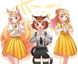 Rule 34 | 3girls, alternate costume, alternate hairstyle, animal ears, black legwear, black necktie, black shorts, blonde hair, blue eyes, blush, bow, breasts, brown hair, cat ears, cat tail, chen, chestnut mouth, collared shirt, commentary request, cosplay, dress, fangs, fox ears, fox tail, gloves, hair bow, hair bun, hand gesture, hoshino gen, hoshino gen (cosplay), ibaraki natou, koi dance, legs, long hair, long sleeves, looking at viewer, medium breasts, multiple girls, multiple tails, necktie, no headwear, open mouth, orange eyes, own hands together, puffy short sleeves, puffy sleeves, purple eyes, ribbon, shirt, short hair, short sleeves, shorts, sidelocks, simple background, single hair bun, skirt, smile, striped clothes, striped shirt, suspender shorts, suspenders, tail, thighhighs, tie clip, tongue, touhou, two tails, white background, white gloves, white shirt, yakumo ran, yakumo yukari, yellow dress, yellow skirt