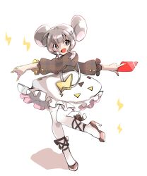 Rule 34 | 1girl, :d, animal ears, bag, black footwear, brown eyes, card, commentary request, creatures (company), full body, game freak, gen 7 pokemon, grey hair, grey shirt, handbag, high heels, holding, holding card, lightning bolt symbol, mehisawanya, mouse ears, nintendo, open mouth, personification, pokemon, shirt, skirt, smile, solo, standing, standing on one leg, thighhighs, togedemaru, white skirt, white thighhighs