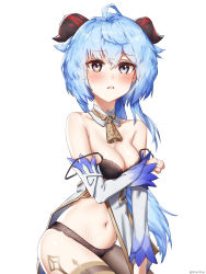 Rule 34 | 1girl, absurdres, ahoge, bare shoulders, bell, black bra, black legwear, black panties, blue hair, blush, bra, breasts, cleavage, covering privates, covering breasts, detached sleeves, furrowed brow, ganyu (genshin impact), genshin impact, gold trim, highres, horns, kimpanzi, lingerie, long hair, looking at viewer, medium breasts, multicolored eyes, navel, neck bell, nose blush, panties, parted lips, pelvic curtain, sidelocks, simple background, skindentation, solo, strap slip, sweat, tearing up, thighlet, thighs, underwear, white background, white sleeves