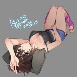 Rule 34 | 1girl, 2020, agawa ryou, arm above head, arm up, breasts, brown eyes, brown hair, cleavage, commentary, dated, grey background, looking at viewer, lying, medium breasts, on back, pillow, short hair, short shorts, shorts, simple background, solo, thighs, upside-down