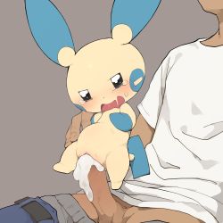 Rule 34 | 1boy, 1girl, animal ears, belt, black eyes, blue pants, blush, clothed sex, clothes pull, creatures (company), cum, cum in pussy, erection, full body, game freak, gen 3 pokemon, grey background, hand up, hetero, highres, interspecies, minun, nintendo, open mouth, pants, pants pull, penis, pokemon, pokemon (creature), pokemon rse, pokephilia, pussy, saliva, sex, shirt, short sleeves, simple background, size difference, solo focus, stomach bulge, sweat, tail, tears, uncensored, underwear, vaginal, white shirt, youjo modoki