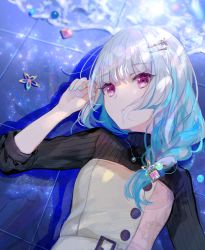 Rule 34 | 1girl, blue hair, blunt bangs, braid, buckle, fuzichoco, hair ornament, hairclip, hand up, highres, jewelry, lize helesta, lize helesta (5th costume), long hair, long sleeves, looking at viewer, lying, messy hair, necklace, nijisanji, on back, parted lips, purple eyes, reflection, sidelocks, solo, sweater, turtleneck, upper body, virtual youtuber, water