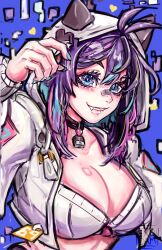 Rule 34 | 1girl, absurdres, ahoge, bandaid, bandaid on face, bandaid on nose, blue eyes, breasts, collar, commentary, cropped jacket, english commentary, exodamartworks, fang, hair between eyes, highres, hood, looking at viewer, medium breasts, melody (projektmelody), purple hair, solo, teeth, upper body, virtual youtuber, vshojo, watermark