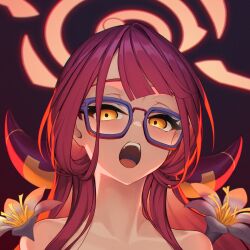 Rule 34 | 1girl, ahoge, aru (blue archive), bare shoulders, bespectacled, blue archive, brown horns, demon horns, flower, glasses, halo, highres, horns, long hair, looking at viewer, open mouth, orange eyes, portrait, red hair, rotix, simple background, solo, teeth, upper body