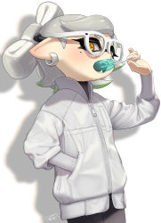 Rule 34 | 1girl, absurdres, alternate costume, bespectacled, candy, cross-shaped pupils, earrings, fangs, food, glasses, gradient hair, green hair, grey hair, hand in pocket, hand up, highres, holding, holding candy, holding food, holding lollipop, inkling, jacket, jewelry, lollipop, long sleeves, marie (splatoon), mole, mole under eye, multicolored hair, nintendo, open mouth, orange eyes, pocket, pointy ears, puchiman, short hair, silhouette, simple background, solo, splatoon (series), symbol-shaped pupils, teeth, tentacle hair, two-tone hair, white-framed eyewear, white background, white jacket, zipper, zipper pull tab