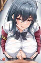 Rule 34 | 1boy, 1girl, absurdres, ahoge, armband, azur lane, black hair, bow, bowtie, breasts, cum, cum on body, cum on breasts, cum on upper body, from above, glasses, highres, jacket, large breasts, long hair, looking at viewer, official alternate costume, paizuri, pantyhose, parted lips, penis, red eyes, red jacket, renetan, school uniform, shirt, smile, solo focus, taihou (azur lane), taihou (sweet time after school) (azur lane), very long hair, white shirt, yellow armband