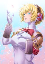 Rule 34 | 1girl, aegis (persona), android, armband, blonde hair, blue eyes, bow, bowtie, commentary request, hair between eyes, hairband, hand on own chest, headphones, highres, lips, looking away, masatoshi 1219, parted lips, persona, persona 3, petals, pink lips, red armband, red bow, red bowtie, robot ears, s.e.e.s, short hair, solo