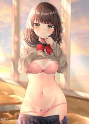 Rule 34 | 1girl, akino ell, black skirt, blurry, blurry background, bow, bowtie, bra, breasts, brown eyes, brown hair, brown sweater, classroom, cleavage, closed mouth, clothes lift, cowboy shot, crotch seam, depth of field, groin, hand on own chest, hands up, highres, indoors, large breasts, long sleeves, looking at viewer, medium hair, navel, open clothes, open skirt, original, panties, pink bra, pink panties, pleated skirt, sailor collar, school uniform, skirt, solo, standing, stomach, sunlight, sweater, sweater lift, underwear, window