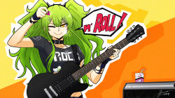 Rule 34 | 1girl, absurdres, amplifier, arm up, artist name, black nails, black shirt, bracelet, breasts, collar, collarbone, earrings, electric guitar, english text, girls&#039; frontline, green hair, guitar, hair between eyes, hair ornament, hairclip, highres, holding, holding guitar, holding instrument, holding plectrum, instrument, jewelry, juice box, large breasts, long hair, looking at viewer, m950a (girls&#039; frontline), m950a (headbanger syndrome) (girls&#039; frontline), necklace, one eye closed, outline, plectrum, shirt, short sleeves, smile, solo, speech bubble, spiked bracelet, spikes, tied shirt, tryvor, twintails, yellow eyes