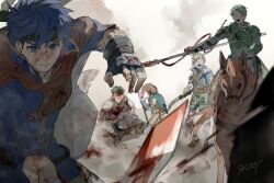 Rule 34 | 1girl, 4boys, 91007, axe, battle, blood, blood on face, bloody weapon, blue eyes, blue hair, bow (weapon), boyd (fire emblem), brothers, brown hair, cavalry, commentary request, fire emblem, fire emblem: path of radiance, green hair, headband, holding, holding polearm, holding staff, holding sword, holding weapon, horse, horseback riding, ike (fire emblem), mist (fire emblem), multiple boys, nintendo, open mouth, polearm, riding, serious, short hair, shorts, siblings, sitting, spear, staff, sword, weapon
