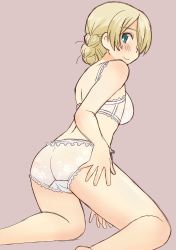 Rule 34 | 1girl, blonde hair, blue eyes, blush, bra, braid, closed mouth, crotch seam, darjeeling (girls und panzer), girls und panzer, grey background, hair over one eye, hand on own ass, kneeling, lace, lace-trimmed bra, lace-trimmed panties, lace trim, leaning forward, legs, looking at viewer, looking back, lowres, panties, short hair, simple background, smile, solo, swept bangs, thighs, underwear, underwear only, uona telepin, white bra, white panties