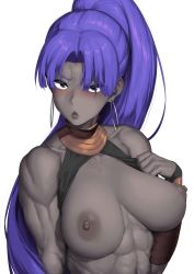 Rule 34 | 1girl, abs, assassin (fate/zero), bare shoulders, blush, breasts, colored skin, dark-skinned female, dark skin, eyes visible through hair, fate/grand order, fate/zero, fate (series), female assassin (fate/zero), hakai shin, highres, large breasts, long hair, looking at viewer, muscular, muscular female, nipples, parted lips, purple eyes, purple hair, simple background, solo, toned, upper body, very long hair, white background