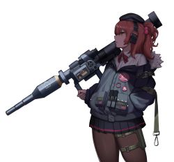 Rule 34 | 1girl, beret, black pantyhose, black skirt, breasts, candy, cero (last2stage), commission, duplicate, earphones, food, fur-trimmed hood, fur-trimmed jacket, fur trim, girls&#039; frontline, gun, hat, highres, holding, holding candy, holding food, hood, jacket, leg holster, lollipop, looking at viewer, medium hair, mp7 (girls&#039; frontline), one side up, pantyhose, panzerfaust 3, pixel-perfect duplicate, red hair, rocket-propelled grenade, rocket launcher, shirt, simple background, skirt, small breasts, smile, solo, tactical clothes, weapon, white background, white shirt, yellow eyes