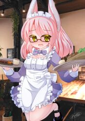 Rule 34 | 1girl, animal ears, apron, black footwear, blush, commentary request, dress, eyes visible through hair, frilled apron, frilled dress, frills, glasses, hair over one eye, highres, holding, holding tray, indoors, juliet sleeves, kanijiru, long sleeves, maid headdress, nose blush, open mouth, original, photo background, pink hair, puffy sleeves, purple dress, rabbit ears, red-framed eyewear, shoes, signature, solo, standing, standing on one leg, swept bangs, tray, white apron, yellow eyes